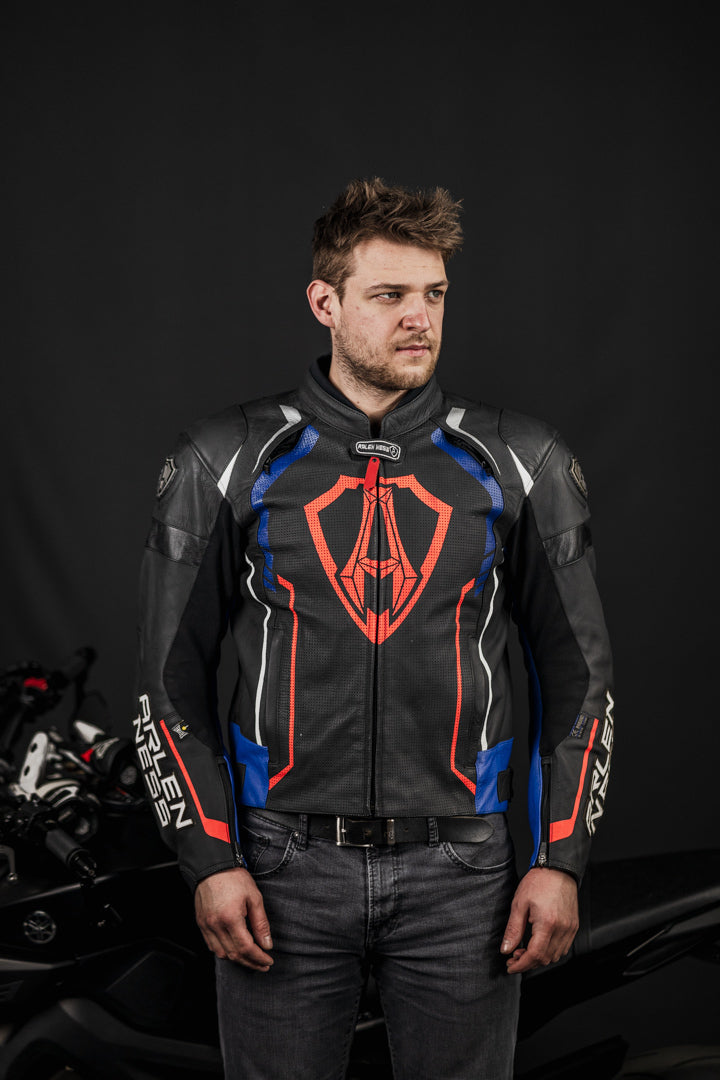 Arlen Ness Track Motorcycle Leather Jacket#color_black-blue-red