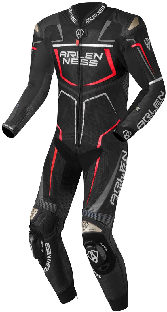 Arlen Ness Alcarras Race One Piece Kangaroo Motorcycle Leather Suit#color_black-red-white-grey