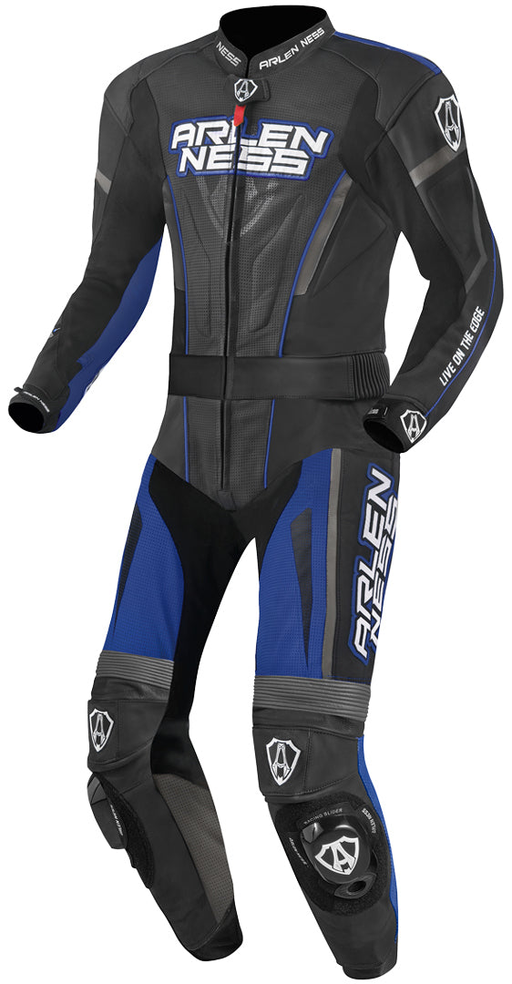 Arlen Ness Edge Two Piece Motorcycle Leather Suit#color_black-grey-blue